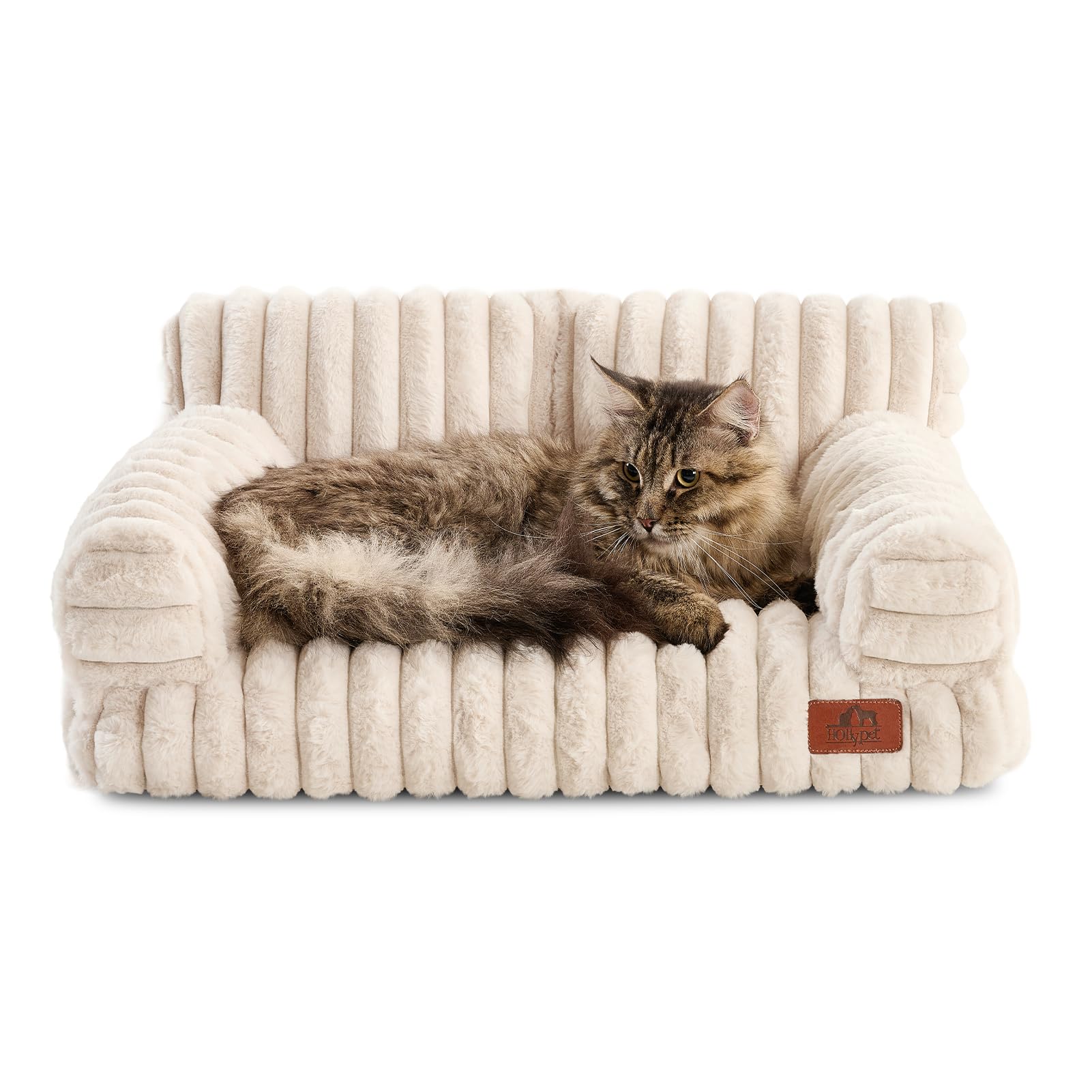 Hollypet Fluffy Plush Pet Cat Couch Soft Calming Pet Sofa Beds for Medium Small Cats and Dogs, Cream