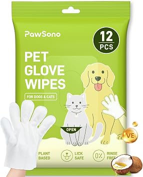 12PCS Hypoallergenic Pet Glove Wipes for Dogs, Cats & Small Animals | No-Rinse Deodorizing Dog Wipes for Paws, Butt, Eyes & Ears | Pet Wipes for Stain & Odor Cleanup Between Baths & Travel
