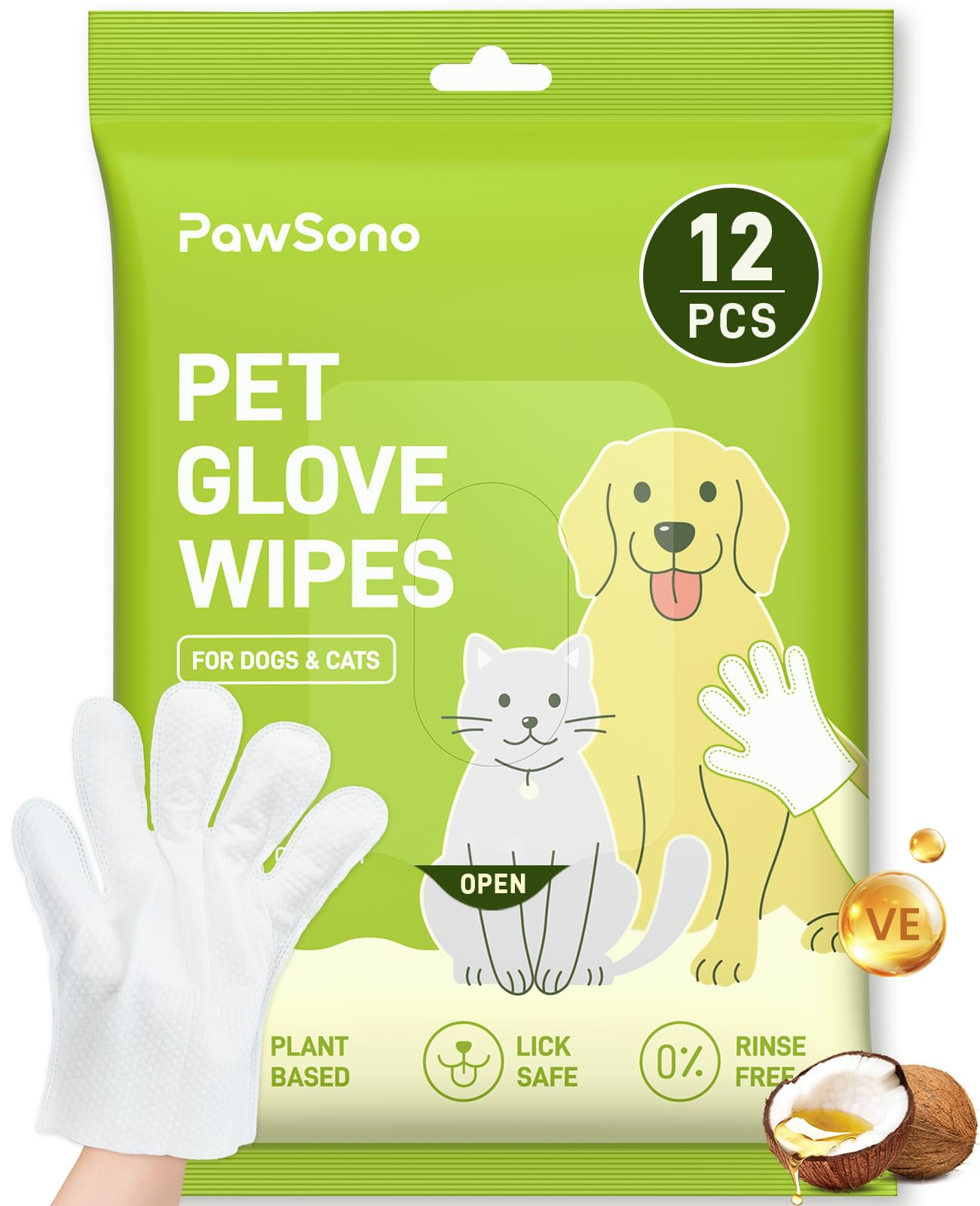 Hypoallergenic Pet Glove Wipes for Dogs & Cats 12 Pack, Quick Clean & Deodorizing Between Baths & Travel | Dog Washing Wipes for Fur, Bum, Paws, Eyes & Ears |Cat Cleaning Gloves for Grooming & Bathing