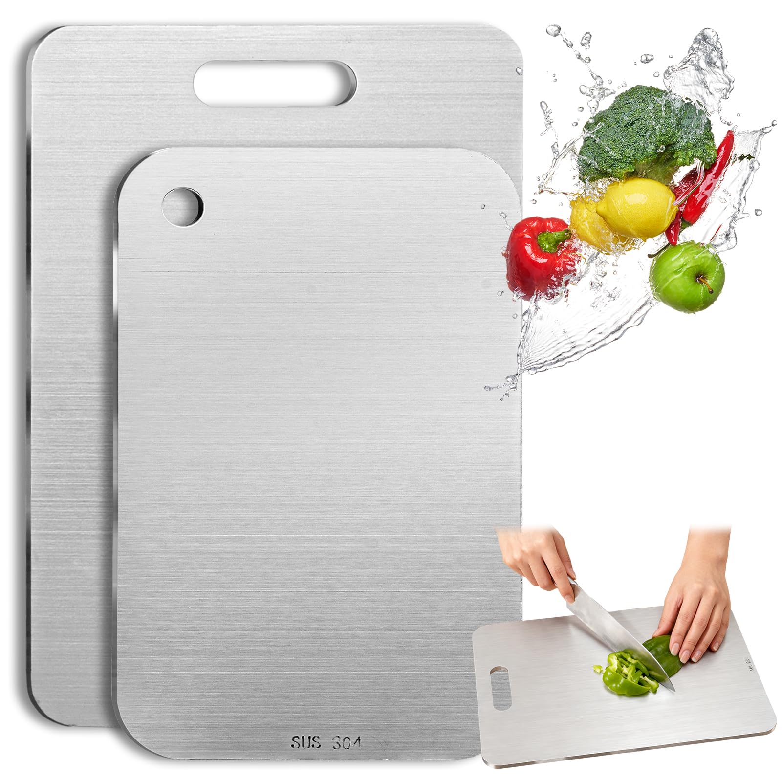 ASelected 2 Stück Schneidebrett, 304 Edelstahl Schneidebrett, BPA-freies Doppelseitiges Lebensmittel Titanium Cutting Board für Fleisch, Brot, Gemüse & Obst