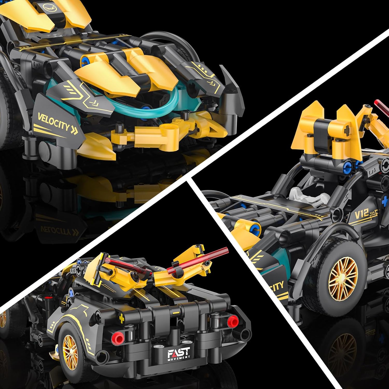 PIKARO Sports Car Building Set for Boys Girls, 1:18 MOC Black Super Race Car Toy Model Kit, Supercar Birthdays Gift for Kids Ages 6 8 9 12 14+