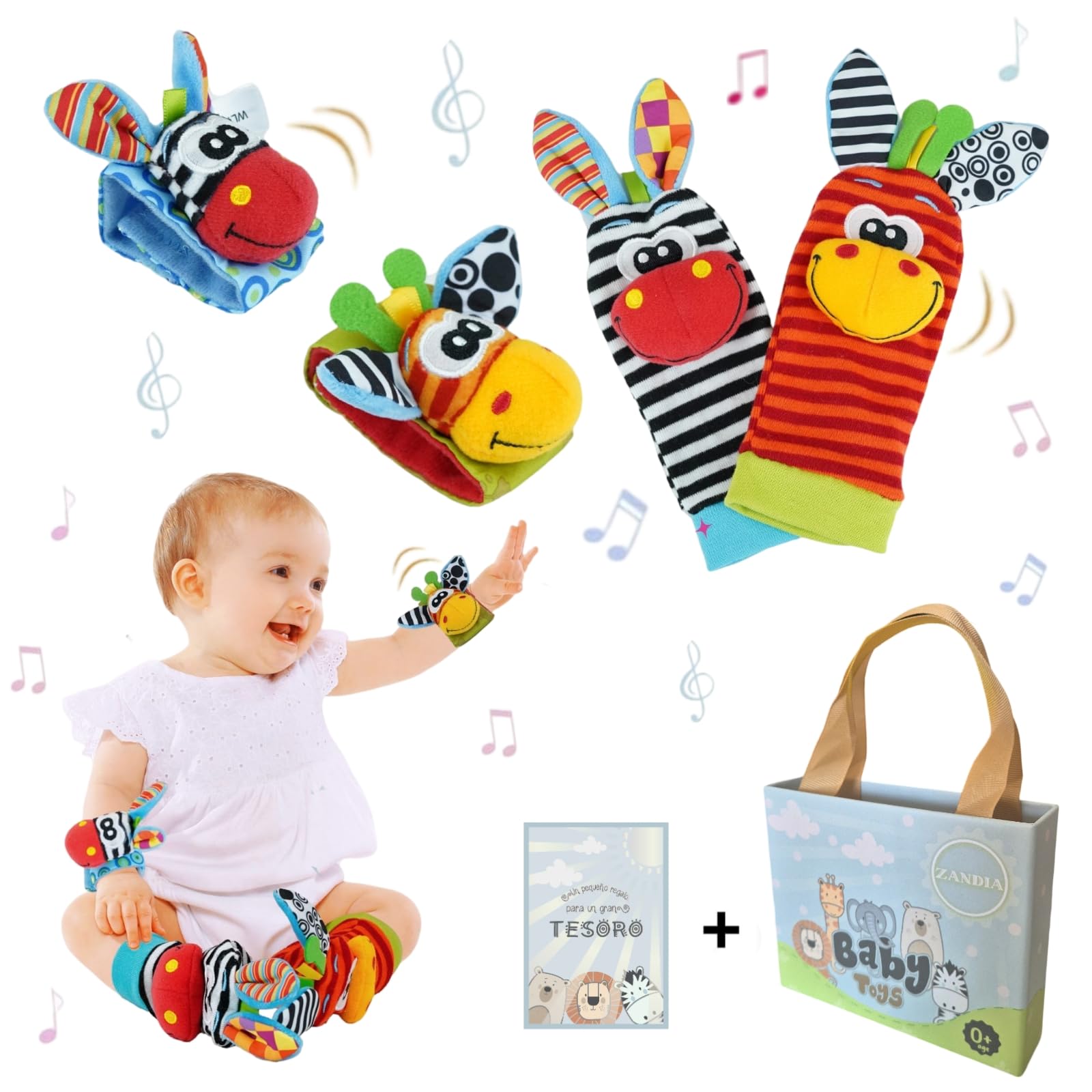 ZANDIA ® Sonajero Bebe Calcetines y Muñequeras + Caja De Regalo + Tarjeta Personalizable | Juguete Recien Nacido | Regalo Original Bebe 0 Meses | Sonajero Pie Mano Recien Nacido.