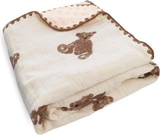 Gunnaicat Baby Muslin Blanket Double Layer 40x40 Inch Soft Bear Pattern Throw - Breathable Cotton Front, Cozy Minky Back for Newborns & Toddlers
