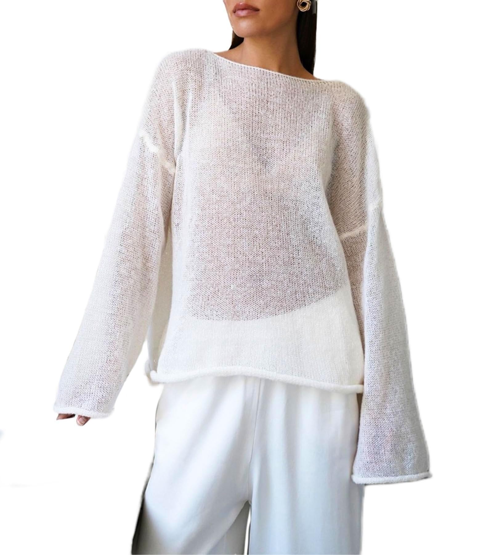 Lierolye Women's White Sheer Mesh Knit Jumpers Lightweight See-Through Oversized Sweater Casual Long Sleeve Hollow Pullover Top(,M)