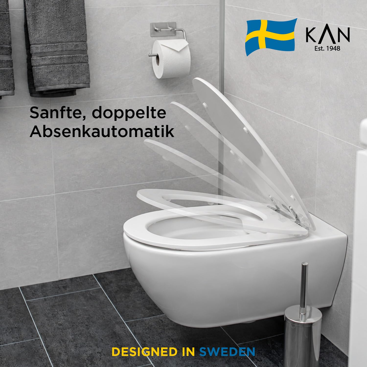 KAN - Sedile WC con abbassamento automatico, forma a D, in legno, con vestibilità universale, fissaggio dall'alto con sistema di bloccaggio magnetico, coperchio piatto con abbassamento automatico