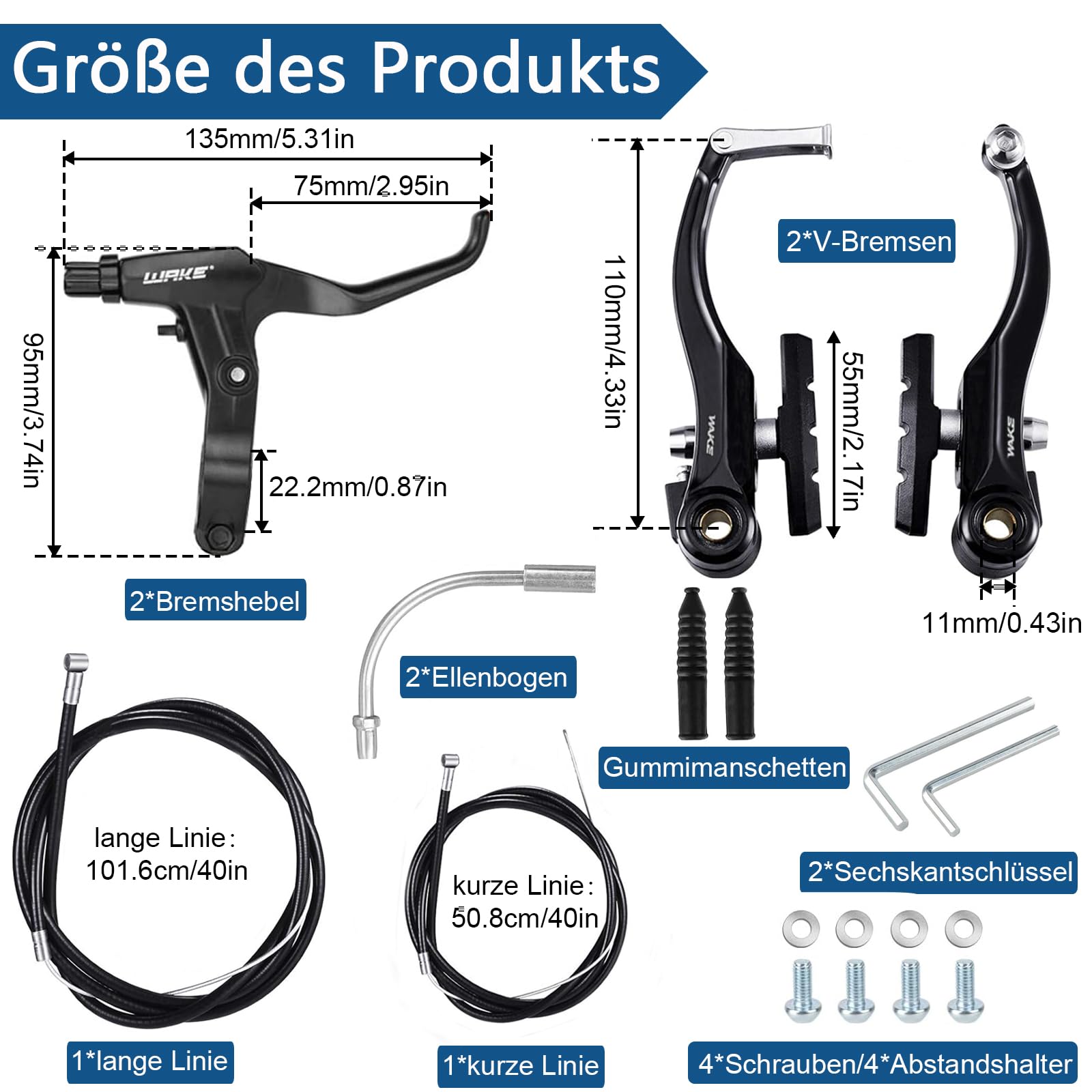 Komplettes Universal Fahrrad Bremsen Set, Vordere und Hintere MTB Bremse, innere und äußere Bremsseile und Bremshebel Kit für Mountainbikes und Rennräder (schwarz)