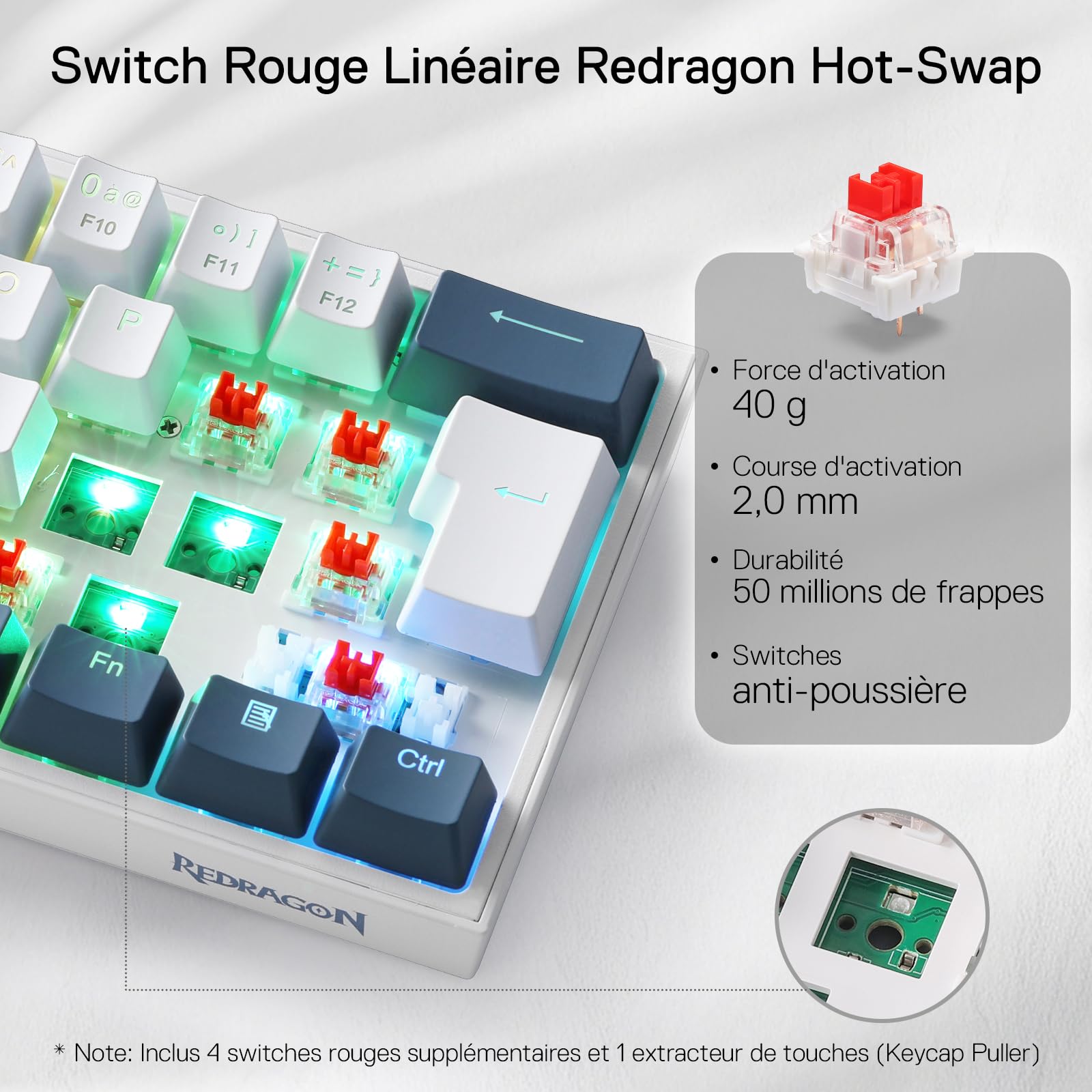 Redragon K617 Clavier de Jeu RVB Filaire 60%, AZERTY Clavier mécanique Compact 61 Touches, commutateur Rouge linéaire, Prise en Charge des Pilotes Pro, FR Layout