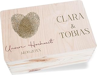 Holzkiste Erinnerungsbox - Schatzkiste Unsere Hochzeit Fingerabdruck mit Namen und Datum | Geschenkbox Brautpaar Geldgeschenk Verpackung Heirat - 30 x 20 x 14 - Holz - box hochzeit￼