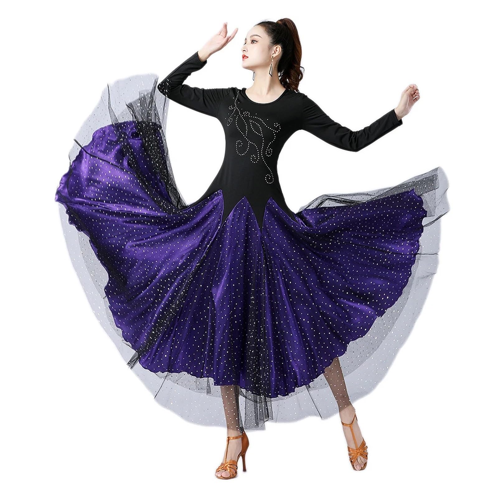 Ahufgn Women's Purple Ballroom Dance Dress Waltz Dress Long Sleeve Ballroom Standard Competition Dance Dresses(,Xxl)