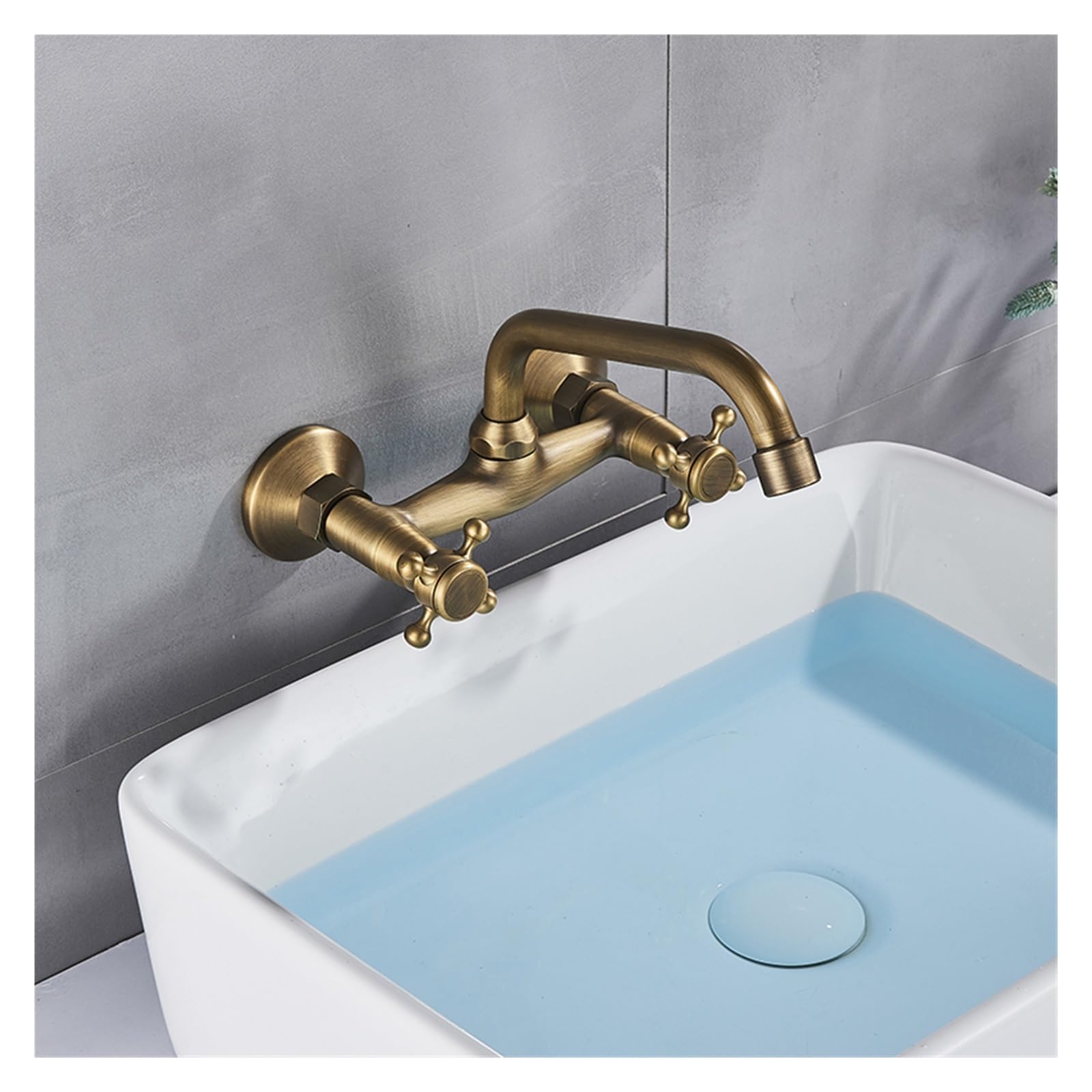 Wandmontage badkamer keukenkraan dubbele handgreep messing antiek warm en koud water kraan 360 draaibare lange uitloop keuken mengkraan (kleur: zwart brons A