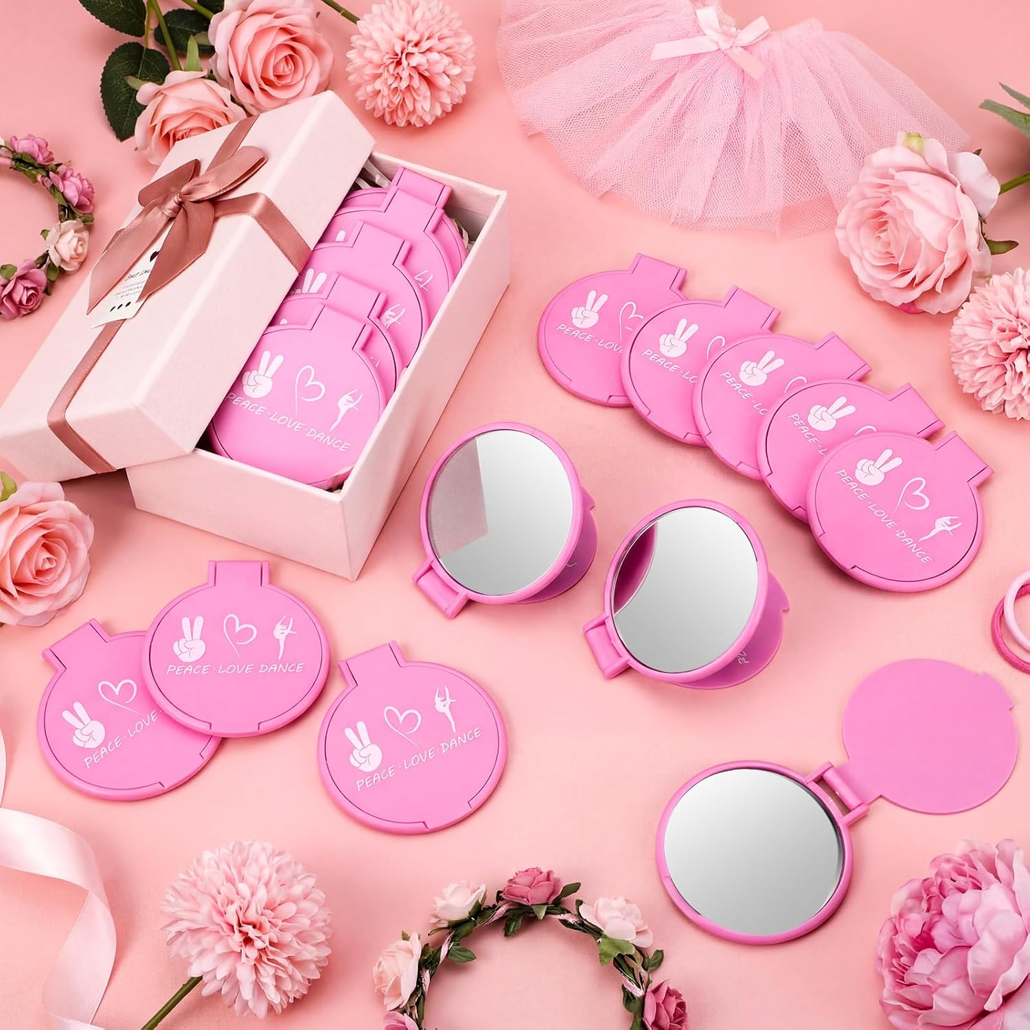 Leinuosen 16 Pcs Dance Team Gifts Bulk Dance Compact Mirror for Women Pocket Purse Makeup Mirror Inspirational Dancer Lover Teacher Appreciation Gift for Women Girl Birthday Graduation(Preppy)