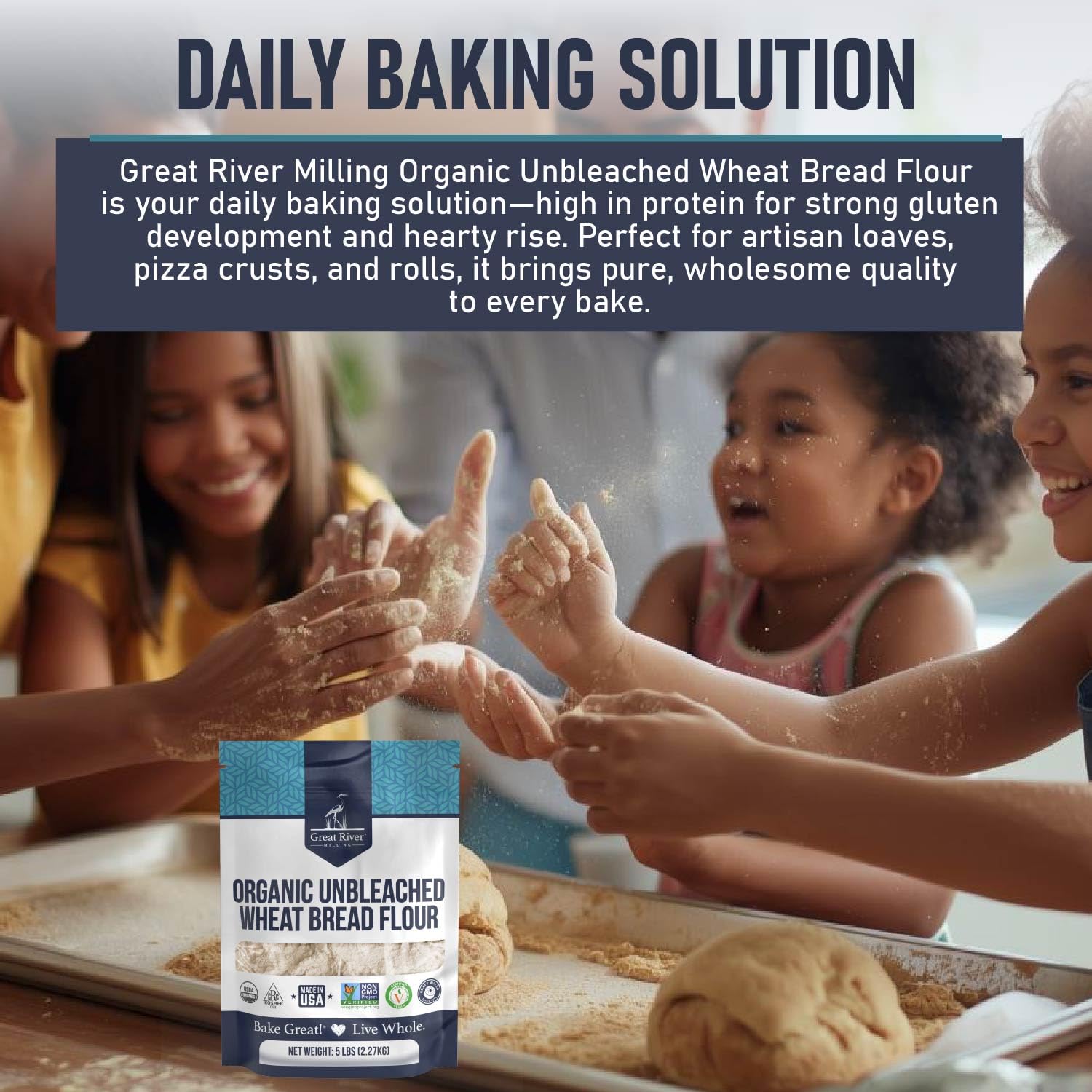 Great River Milling Organic Unbleached Wheat Bread Flour | Artisan Bread Flour for Baking | Multi-Purpose Wheat, Unbromated, Non-GMO, Kosher | 5 Lb