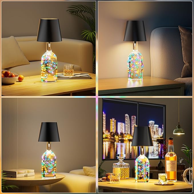 HOMEBEST Wireless Bottle Lamp with Remote & Timer, Cordless Table Lamp with RGB String Lights, Rechargeable Touch Lamps with Dimmable & 3 Color Temps,Wine Bottle Light for Bedroom,Bar,Party,Gift(2 Pack) photo 5