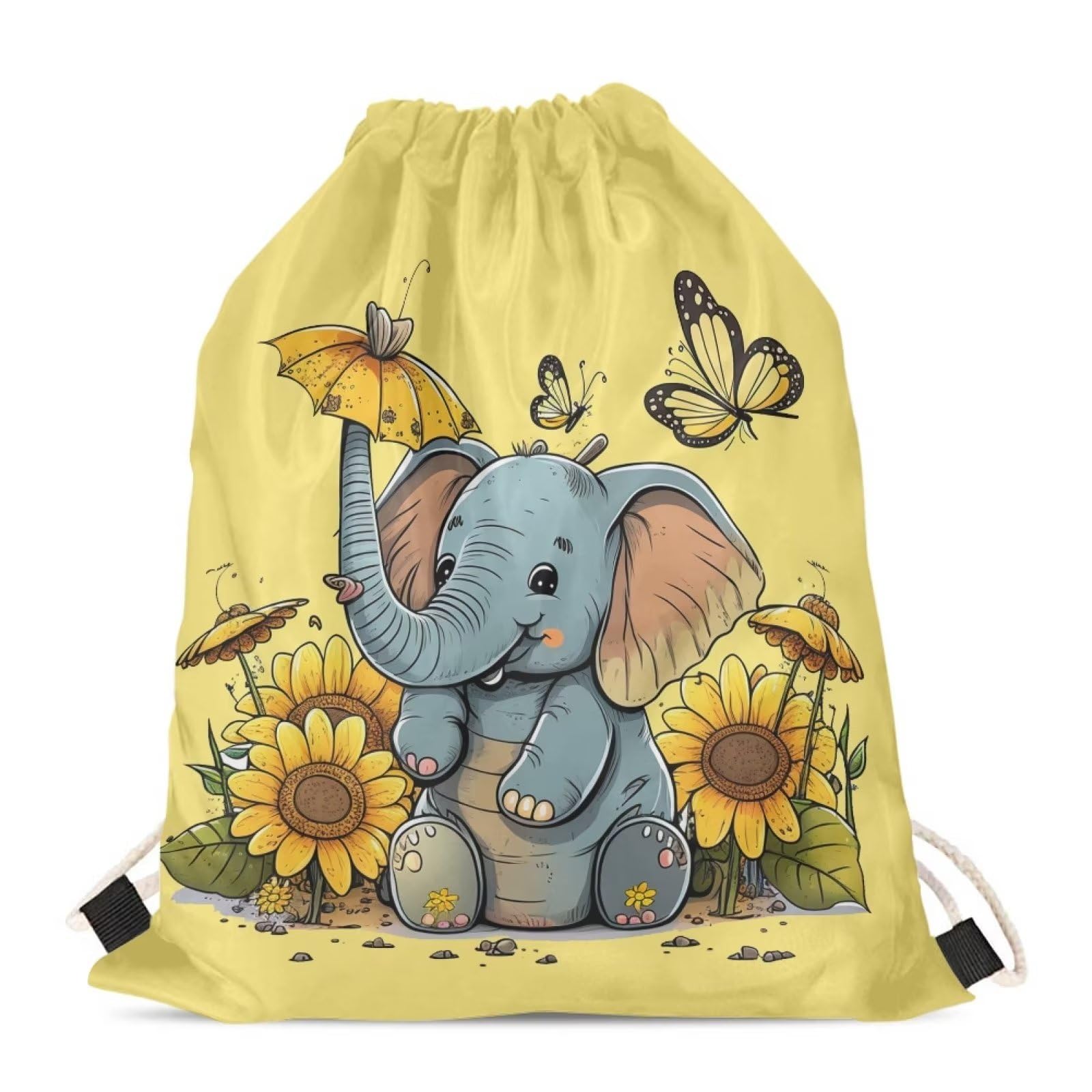 Showudesigns Sunflower Elephant Drawstring Backpack Kids PE Bag for Girls Swim Cinch Sack for Sports Foldable String Bag Party Favor Butterfly Yellow