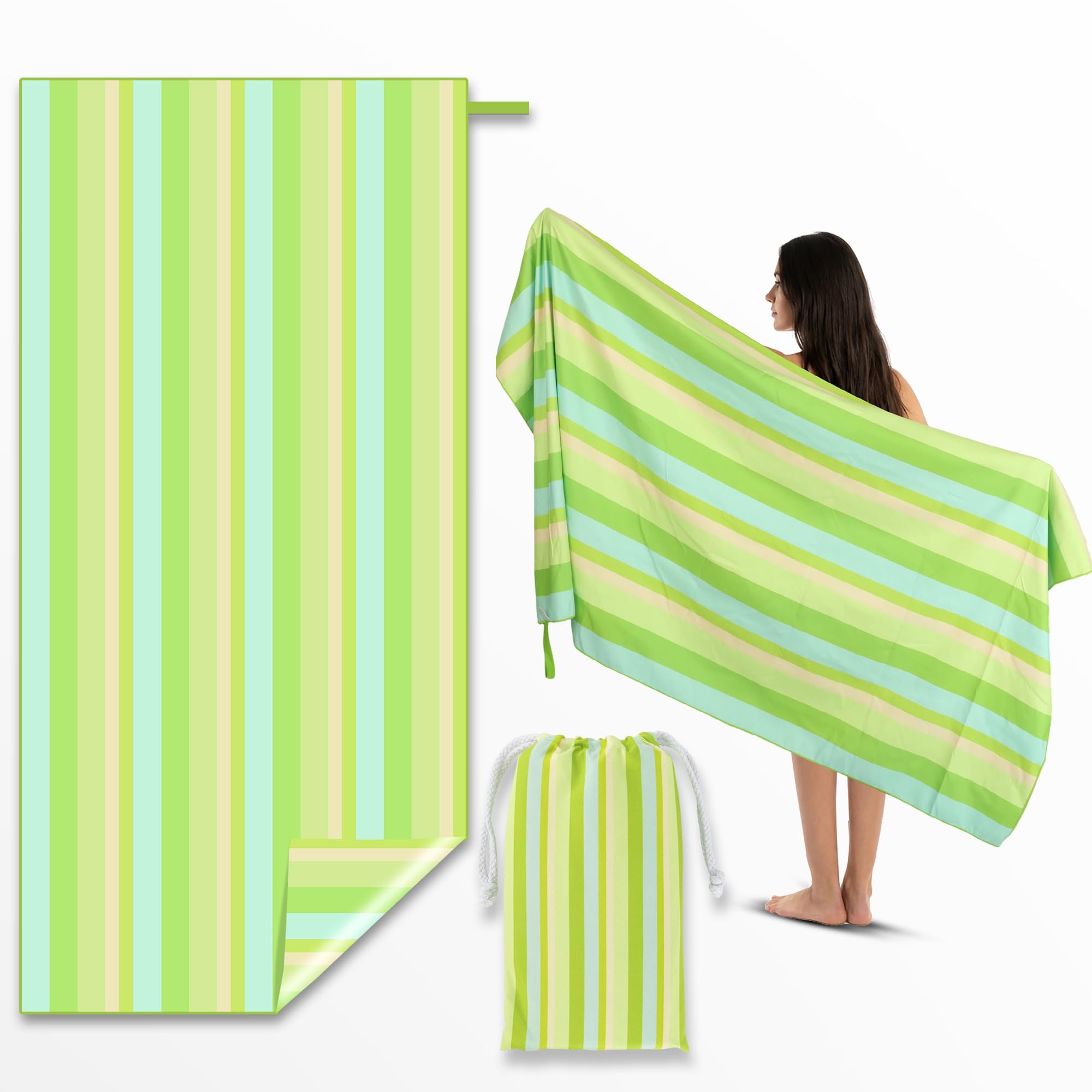 Anavasi Microfibre Beach Towels for Adults - 1 Pack 180 x 90 cm with Drawstring Bag, Quick Dry, Lightweight, Sand Free, Extra Large 100% Recycled for The Beach (Stripe Gradient Green) — image 1