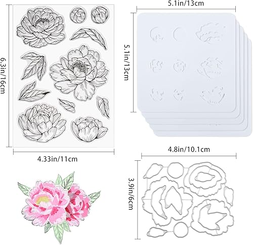 Miniatura 2 de GLOBLELAND Troqueles de corte de peonía, sellos transparentes y plantillas de pintura, plantilla de estampado de flores, sello de silicona, juego de