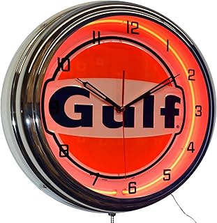 Platinum 16" Gulf Gasoline Motor Oil Gas Station Sign Neon Clock Garage Decor (Orange)