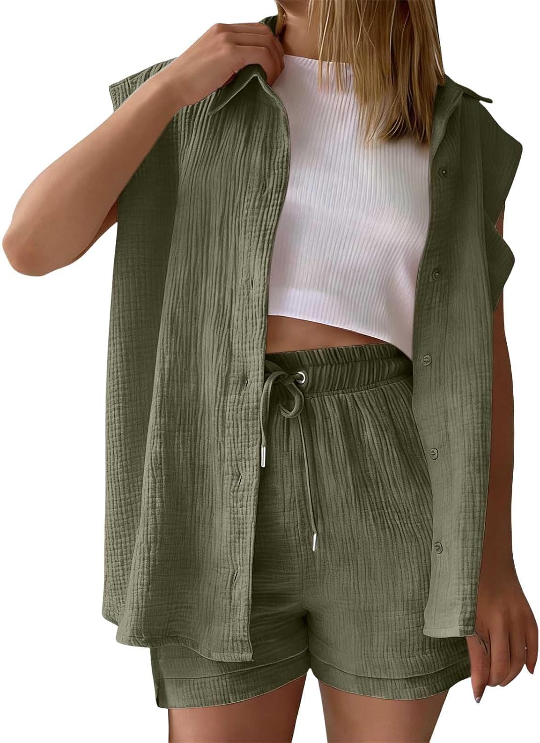 Xiaojmake Womens Linen Lounge Sets 2 Piece Outfits Casual Tracksuit Pajamas Button Down Gauze Shirt and Shorts with Pockets
