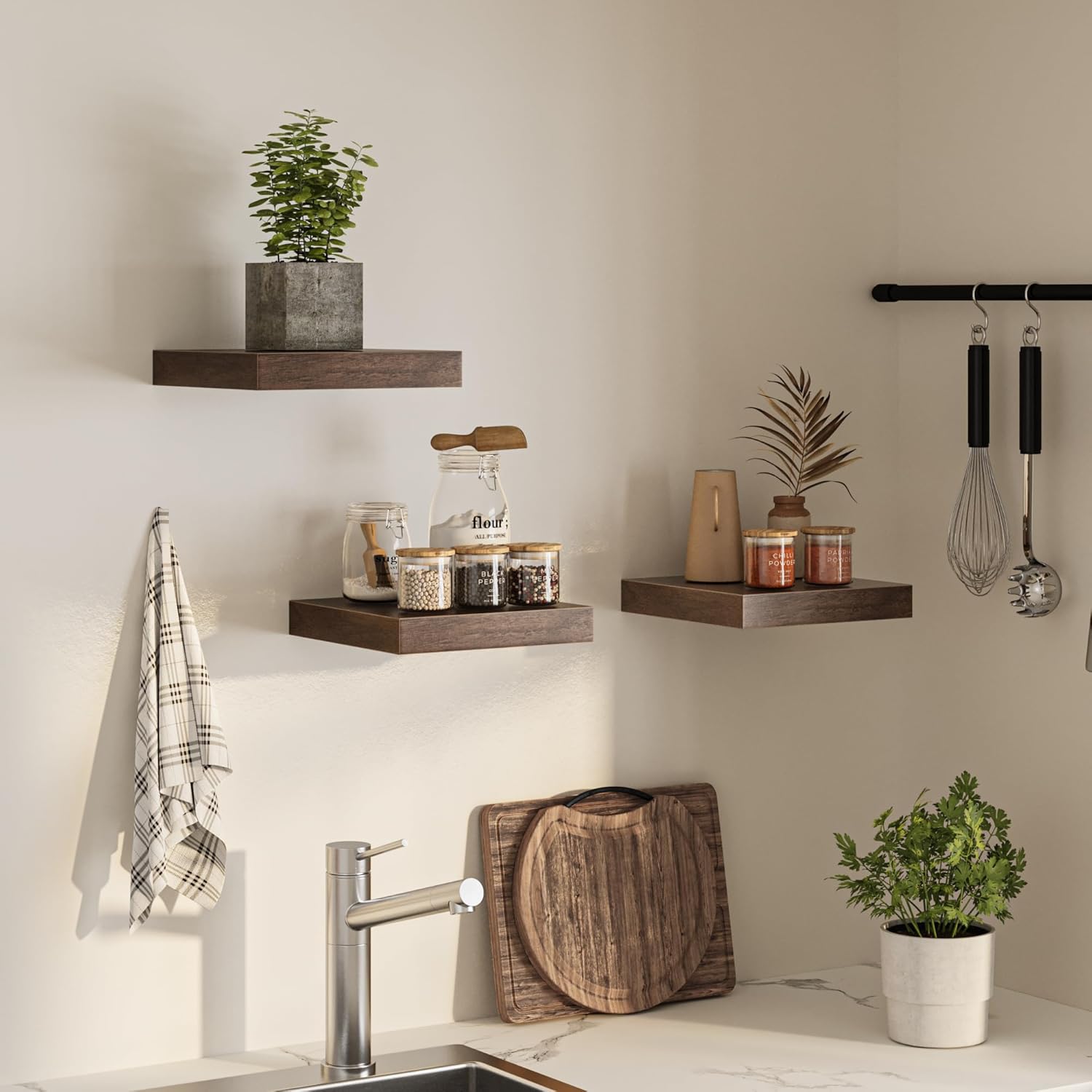 FLYJOE Square Floating Shelves for Wall, 12" W x 12" D x 1.4" H, Small Wooden Wall Mounted Display Shelves with Invisible Brackets for Living Room, Bedroom, Bathroom, Kitchen Decor, Set of 3, Walnut