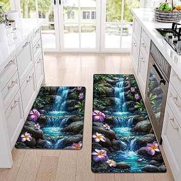 YunTu Tropical Waterfall Kitchen Mats and Floral Zen Kitchen Rugs 2 Piece Set, Anti-Fatigue Cushioned Floor Mats for Standing, Soft Absorbent Runner Rugs for Kitchen Sink, Home