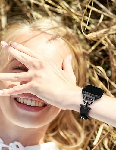 Miniatura 6 de Wearlizer Correa de cuero compatible con Fitbit Versa 2 correas para mujer, elegante correa de cuero delgada con hebilla de metal en forma de D para