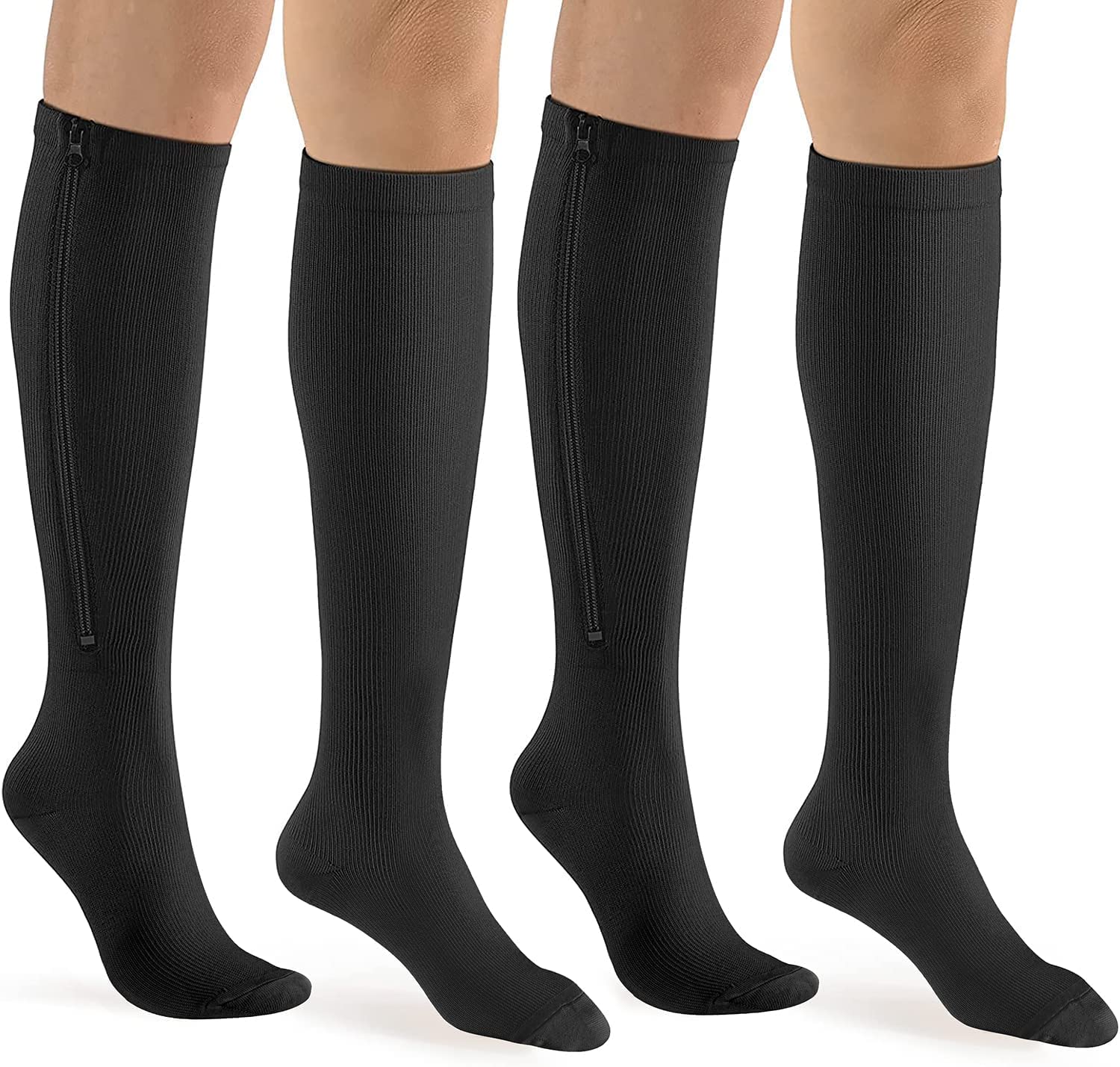bropite Zipper Close Toe Compression Socks for Women and Men 2 Pairs Knee high 15-20mmHg for Walking Running Nurses Pregnancy
