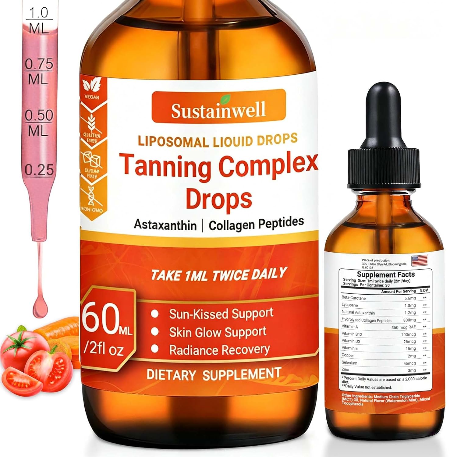 Glow Tanning Liquid Drops to Drink, Sunless Bronzing Drops for a Natural Glow and Long-Lasting Tan with Antioxidant Formula, for Face and Body, Suitable for All Skin Types, 2.04 Fl Oz