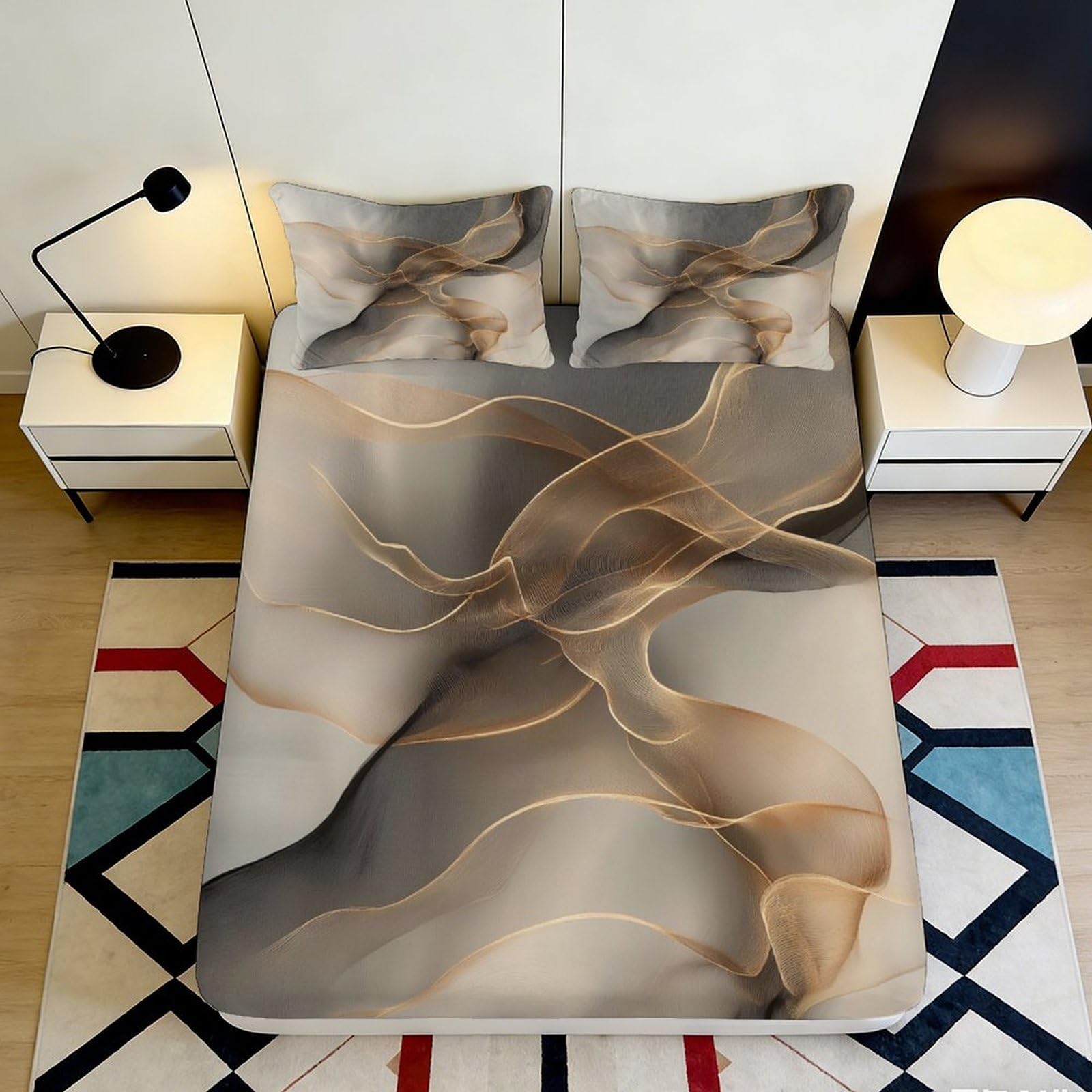 Jqzkxnhpbr Style-7 3D Printed Abstract Wave Fitted Sheet Microfiber Soft Grey Gold Swirl Bed Cover For Bedroom Guest Room Mattress Decor 90X200x25cm