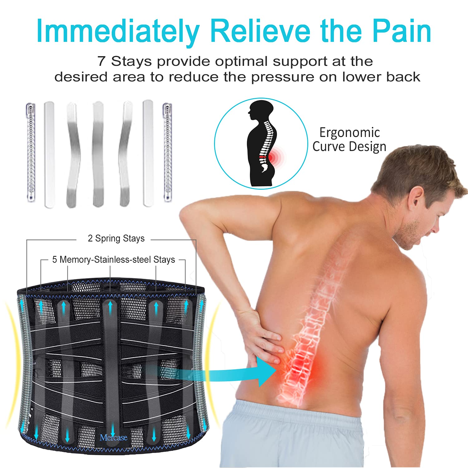 Mercase Back Brace for Lower Back Pain Relief, Back Support Belt for Men and Women with Replaceable Support Stays, Breathable Lumbar Brace for Heavy Lifting, Herniated Disc, Sciatica, Scoliosis (L) : Health & Household