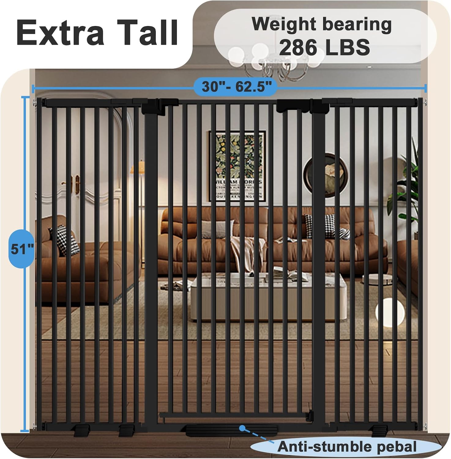 51" Extra Tall Cat Gate for Doorway/Hallway, 30-62.5" Wide，Pressure Mounted Pet & Dog Gates Walk Through, Cat Fence Indoor No Drilling，Auto Close,Black