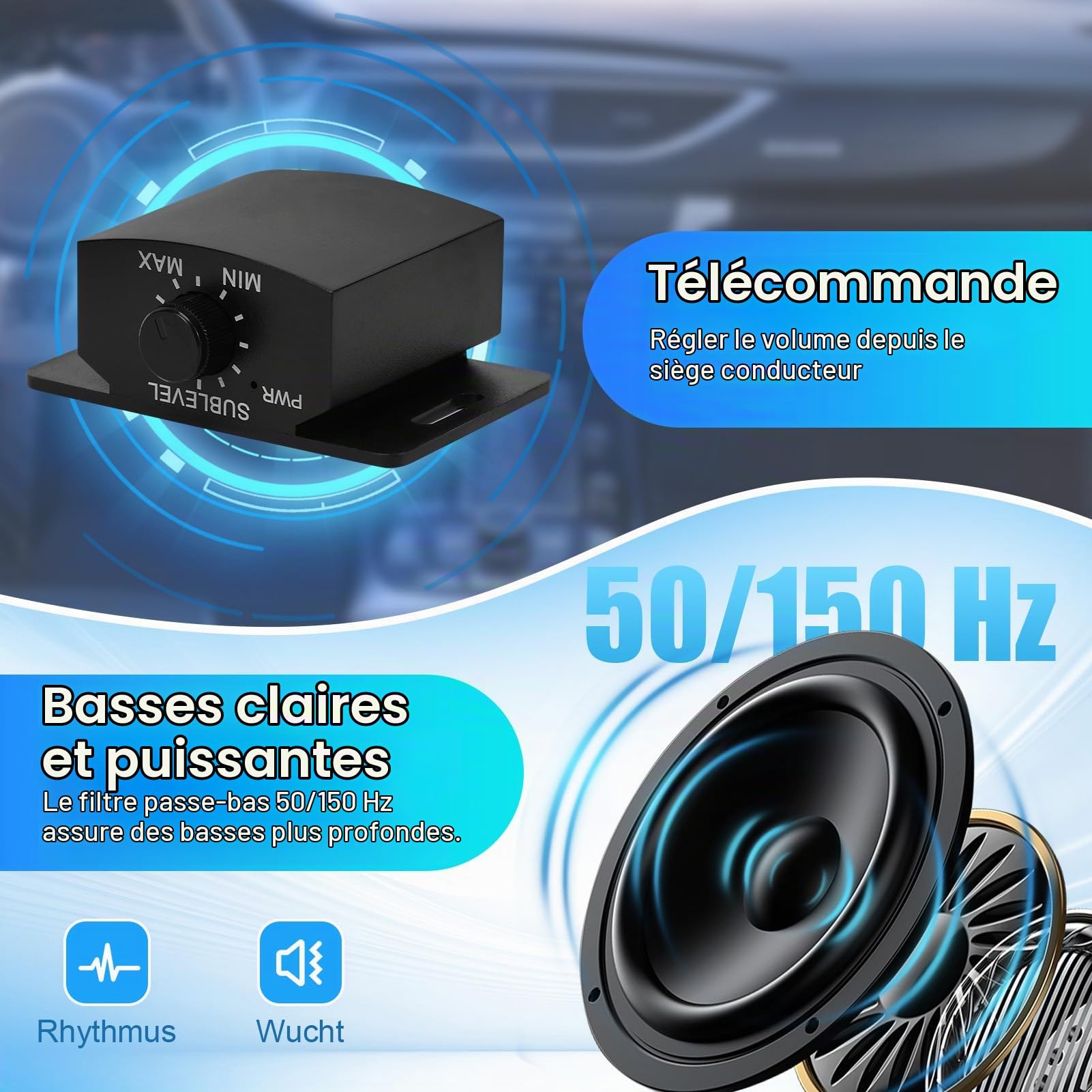 VINGVO Subwoofer Auto, 25,4 cm 800W Subwoofer Actif Pour Voiture, 2,6 Ohm Ultra Plat Sous-Siège Subwoofer Voiture Actif Avec Contrôleur Amplificateur Haut-Parleur Basse Véhicule Camion SUV