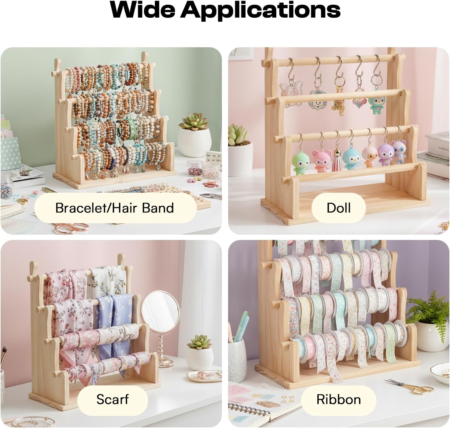 Caydo Washi Tape Organizer & Sticker Organizer, 4-Tier Wooden Display Rack for Craft Storage, Sticker Rolls, Ribbons & Bracelets for Sticker Collectors, Planner Enthusiasts, and Vendors