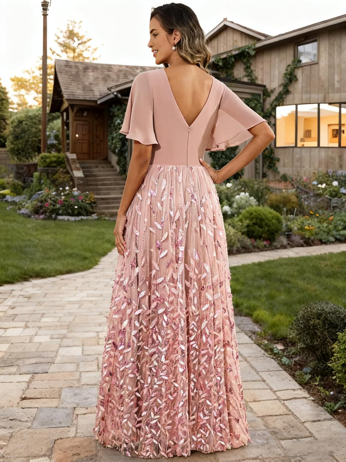 Women's Chiffon V-Neck Maxi Dress with Leaf Sequin & Flutter Sleeves - Elegant Wedding Guest & Evening Gown
