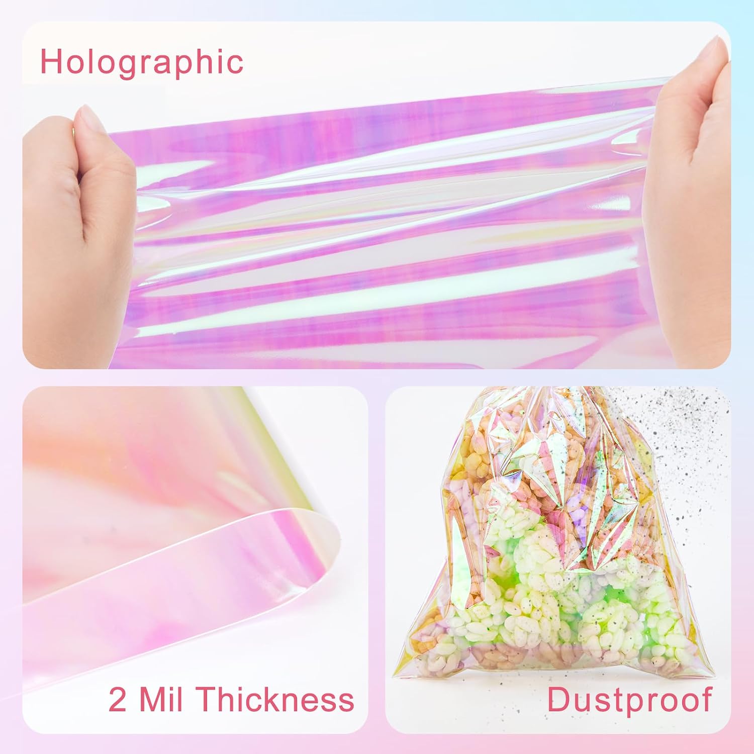 50Pcs Iridescent Cellophane Treat Bags with Ties, 6x9 Inch Holographic Plastic Goodie Baggies for Party Favors, Candy, Cookies Packing, Gift Wrapping