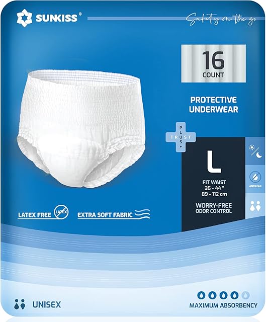SUNKISS TrustPlus Incontinence and Postpartum Underwear for Men and Women, Disposable Protective Underwear with Overnight Comfort Absorbency, Leak Protection, Odor Control, Large, 16 Count