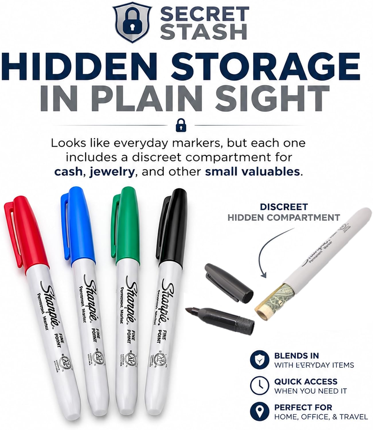 Fake Pen Diversion Safe Marker (4 Pack) - Realistic Pen Diversion Safe - Hidden Secret Compartment Decoy Permanent Marker - Hide And Store Money Waterproof Storage Cash Holder Container Lock
