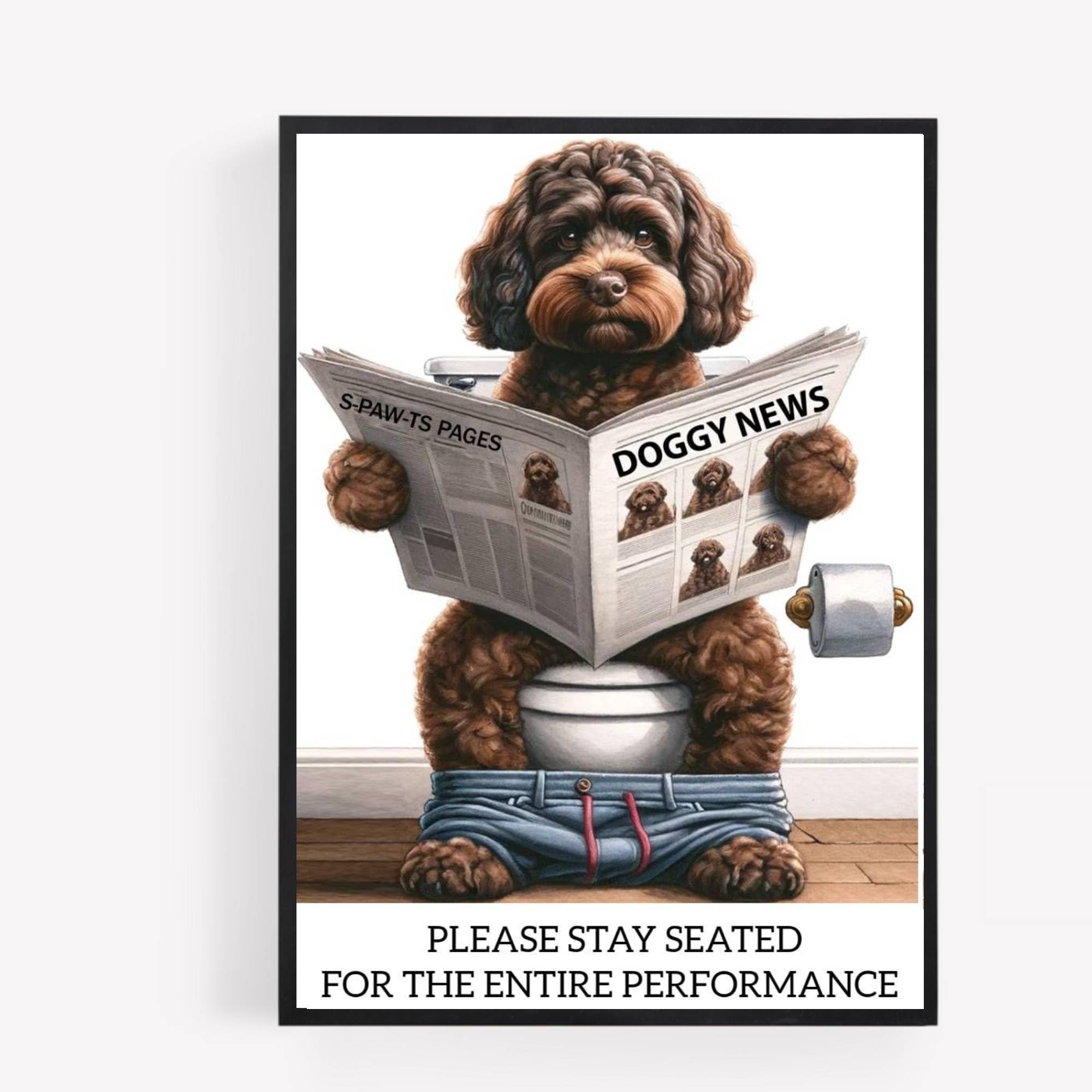Gfc Black White Funny Bathroom Toilet Animal Print Picture Poster Cockapoo Cavapoo Dog On A Toilet Reading Newspaper A4 Unframed Wall Art Home Decor Decorating Be Sated For The Entire Performance Brown