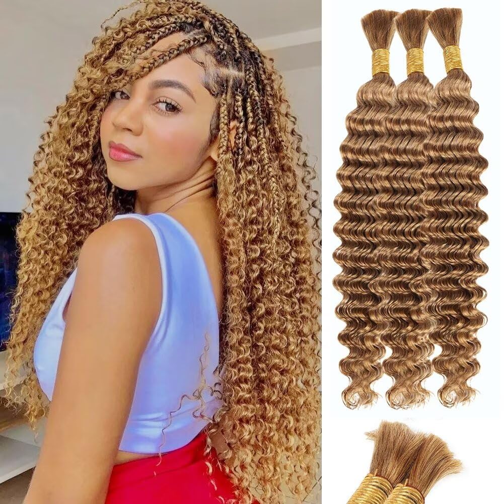 Blonde Human Braiding Hair Deep Water Wave Bulk Human Hair 150g 24 Inch Color 27 Curly Human Hair for Boho Braids Hair Extensions No Weft 3 Braids Per Pack Wet and Wavy