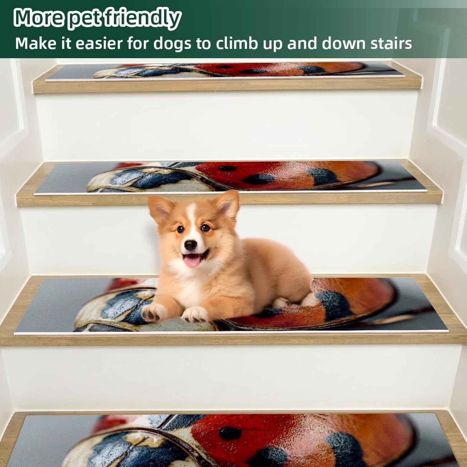 Ladybug (1) Carpet Stair Treads, Stair Treads for Wooden Steps Indoor, Stair Runner for Pets Non Skid Wood Staircase Step Treads Reusable, Set of 15