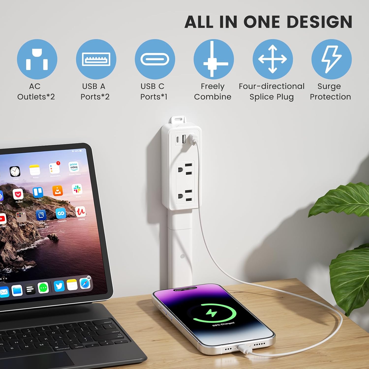 Outlet Electrical Outlet Extender Stick - Features 1 USB -C, 2 USB -A, and 2 AC Outlets, Free Assembly Extends 6"-35". Plug Extension Outlet Use Behind Sofas, Nightstands, Desks (White)