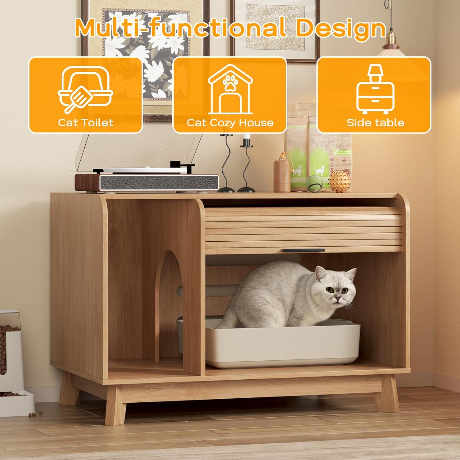 Cat Litter Box Enclosure with Sliding Door, Modern Indoor Cat House, 31.5" Litter Box Enclosure Furniture Hidden Litter Box, Side End Table, TV Stand for Living Room, Natural
