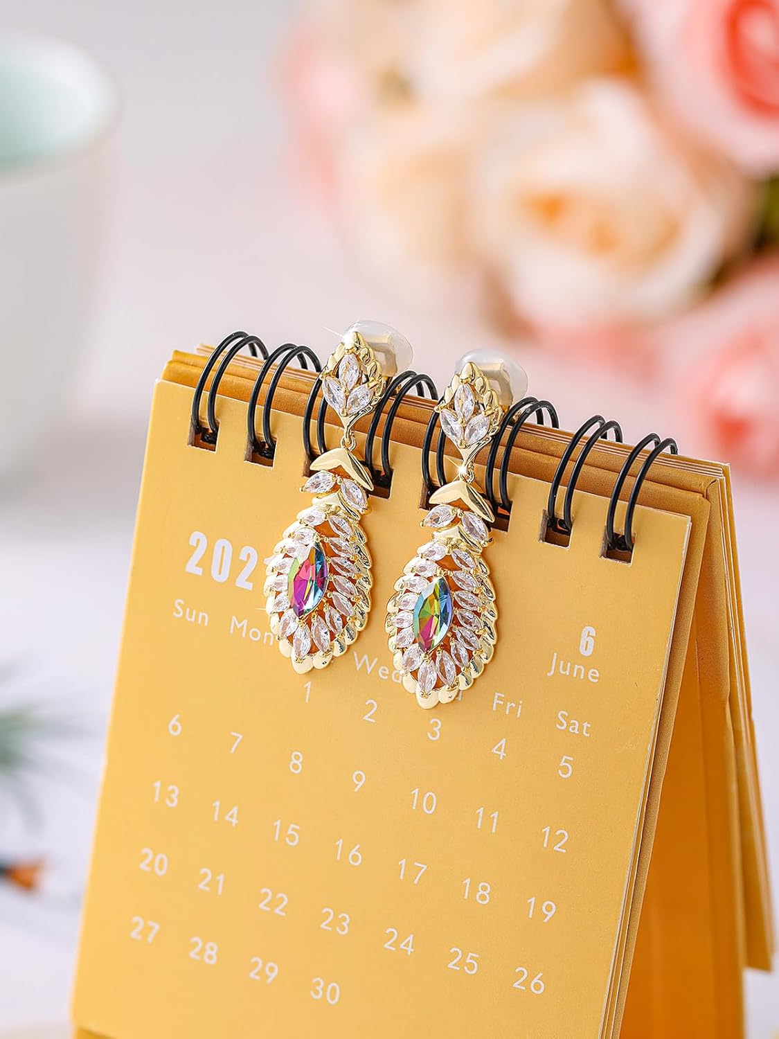 Clip On Crystal Dangle Non Pierced Earrings for Women 14K Gold Plated Jewelry - Image 8