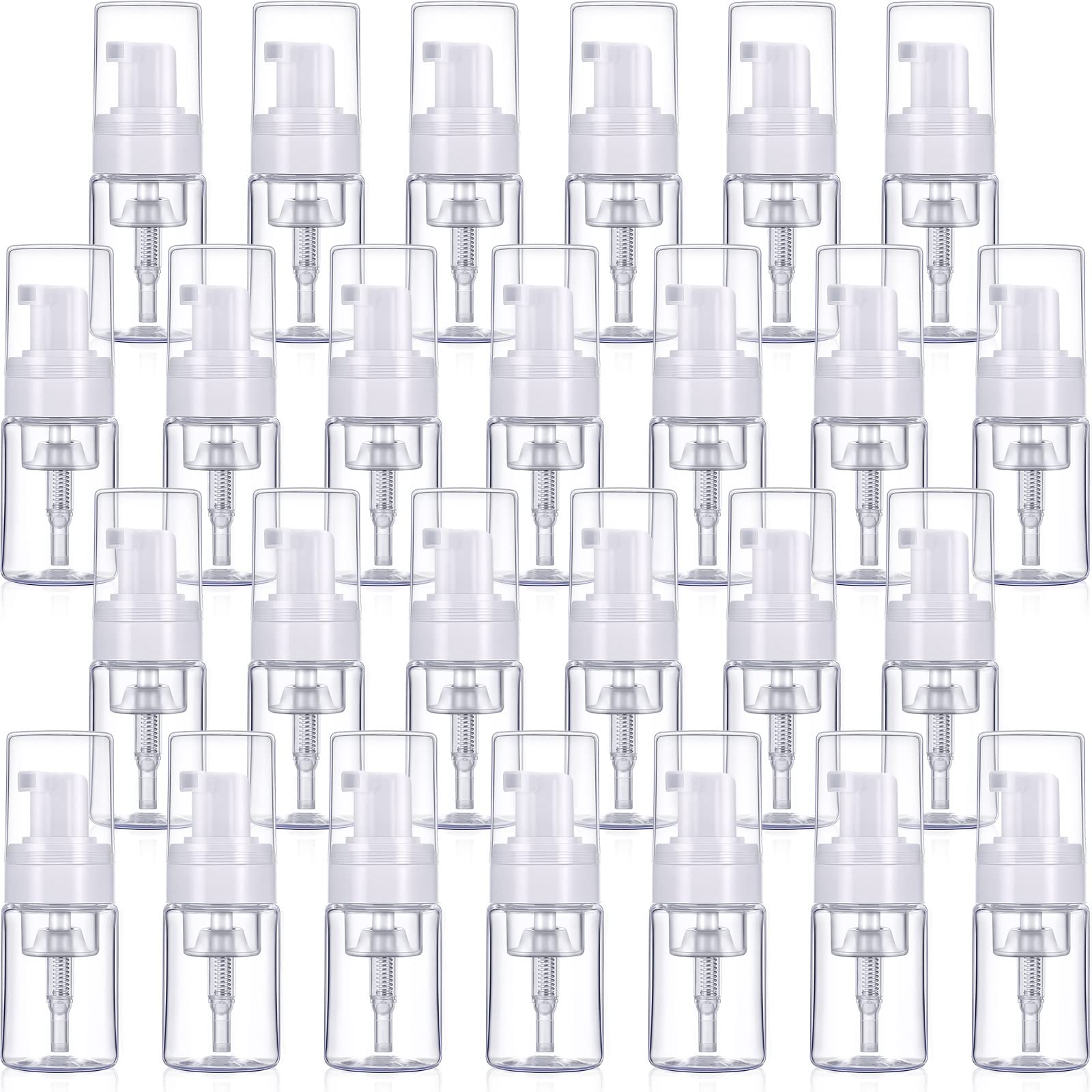 50 Pack Foam Pump 1oz/30ml Refillable Dispenser Travel Size Plastic Mini Bottle for Lash Shampoo, Cleaning, Cosmetics - Portable Clear Foaming Packaging
