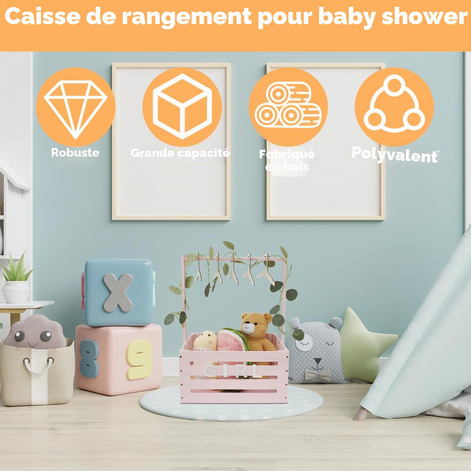 Panier en bois avec poignée - Armoire de fête prénatale - Boîte en bois pratique pour fête prénatale - Avec 10 cintres pour poupées et 24 lettres - 40 x 30 x 55 cm - Boîte de rangement pour bébé -
