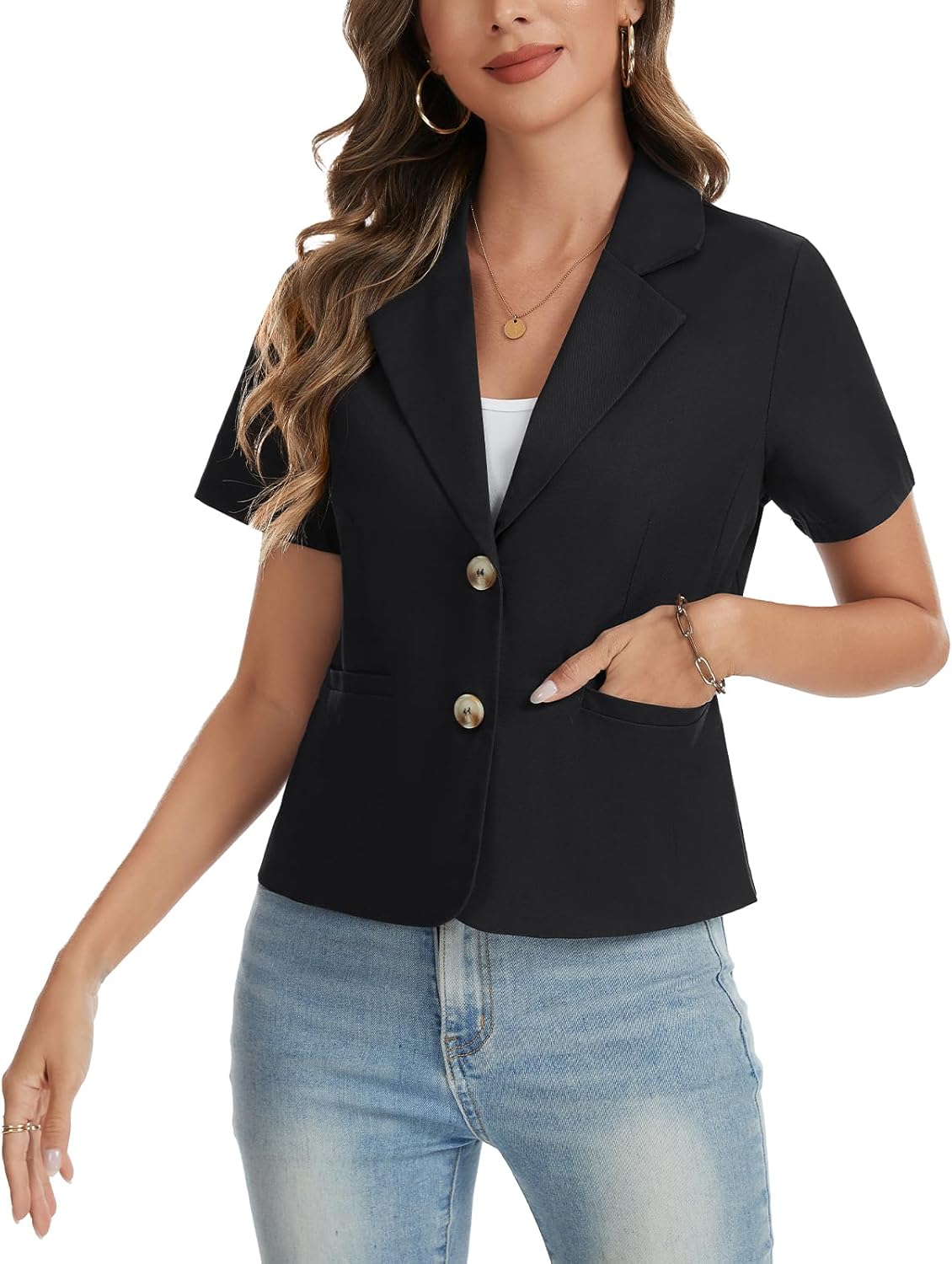 Cotton Linen Blazers for Women Business Casual Two Buttons Short Sleeve Cropped Jackets Work Office Lapel Blazer