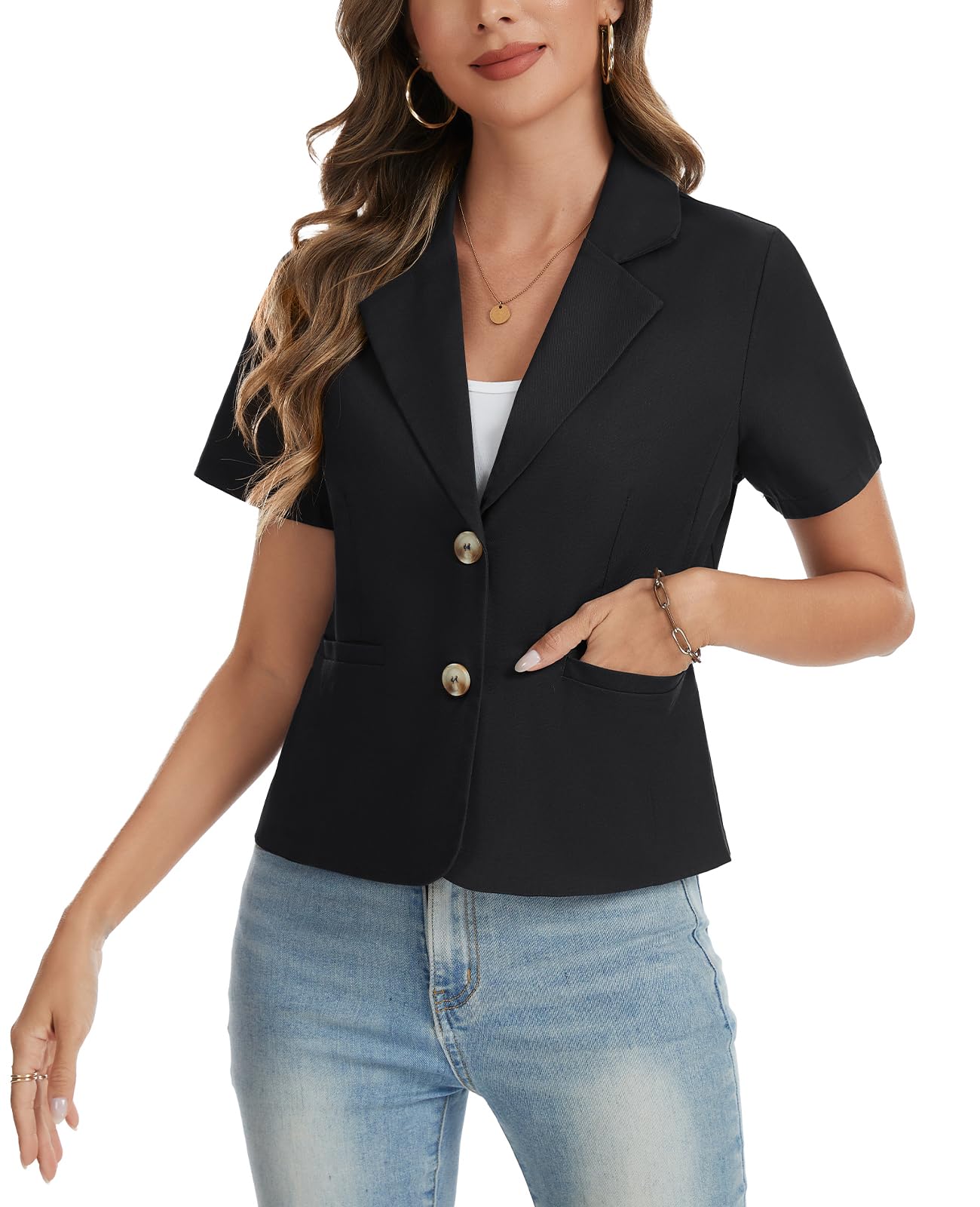 Blazer a maniche corte da donna in cotone e lino, elegante, parzialmente foderato, adatto per abbigliamento casual da lavoro, ufficio