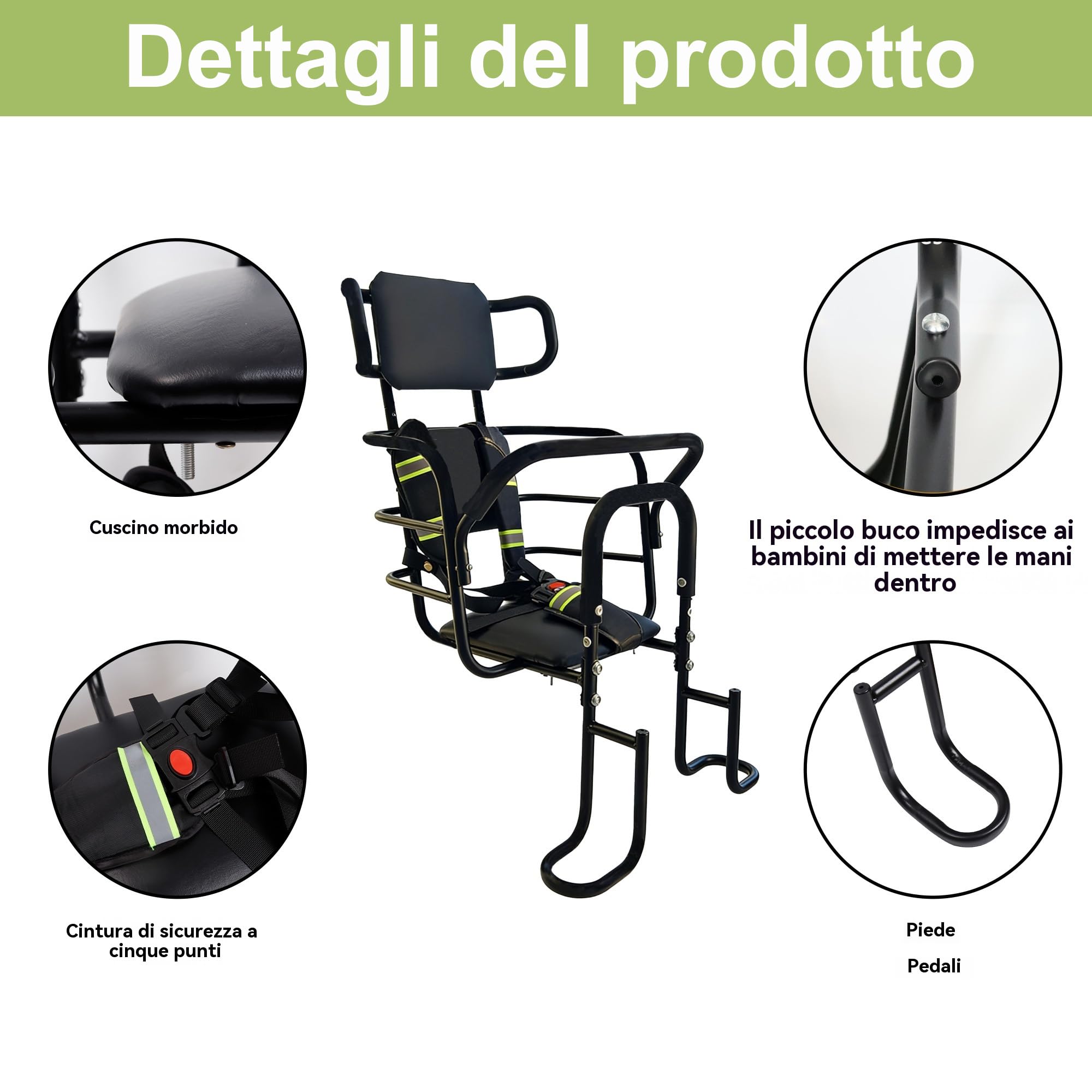 QMD Seggiolino Posteriore per Bambini con poggiatesta Regolabile; seggiolino Posteriore per Bici con poggiapiedi, Schienale e maniglione di Sicurezza. Progettato per Bambini dai 18 Mesi agli 8 Anni.