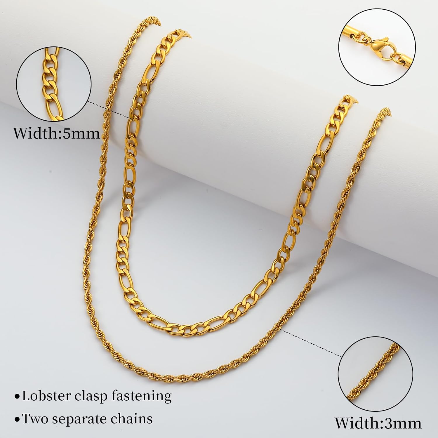 Layered Stainless Steel Chain Necklaces for Men Boys, 2Pcs Cuban Link/Rope/Herringbone Chains Jewelry Gifts, 16 "/18 ", 18 "/20 ", 20 "/22 ", 22 "/24 " - Image 4