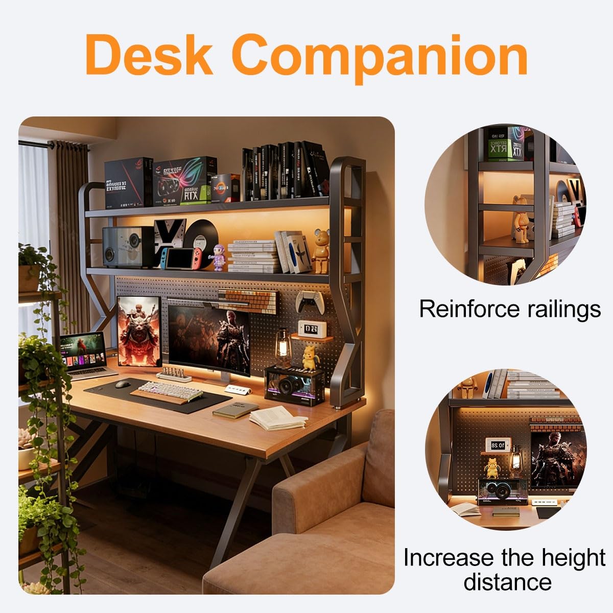 Aufsatzregal, Schreibtischregal aus Metall und Holz mit Lochwand und Zubehör, für Büro, Zuhause, Schule(Black,3-Tier 137cm/53.9in)