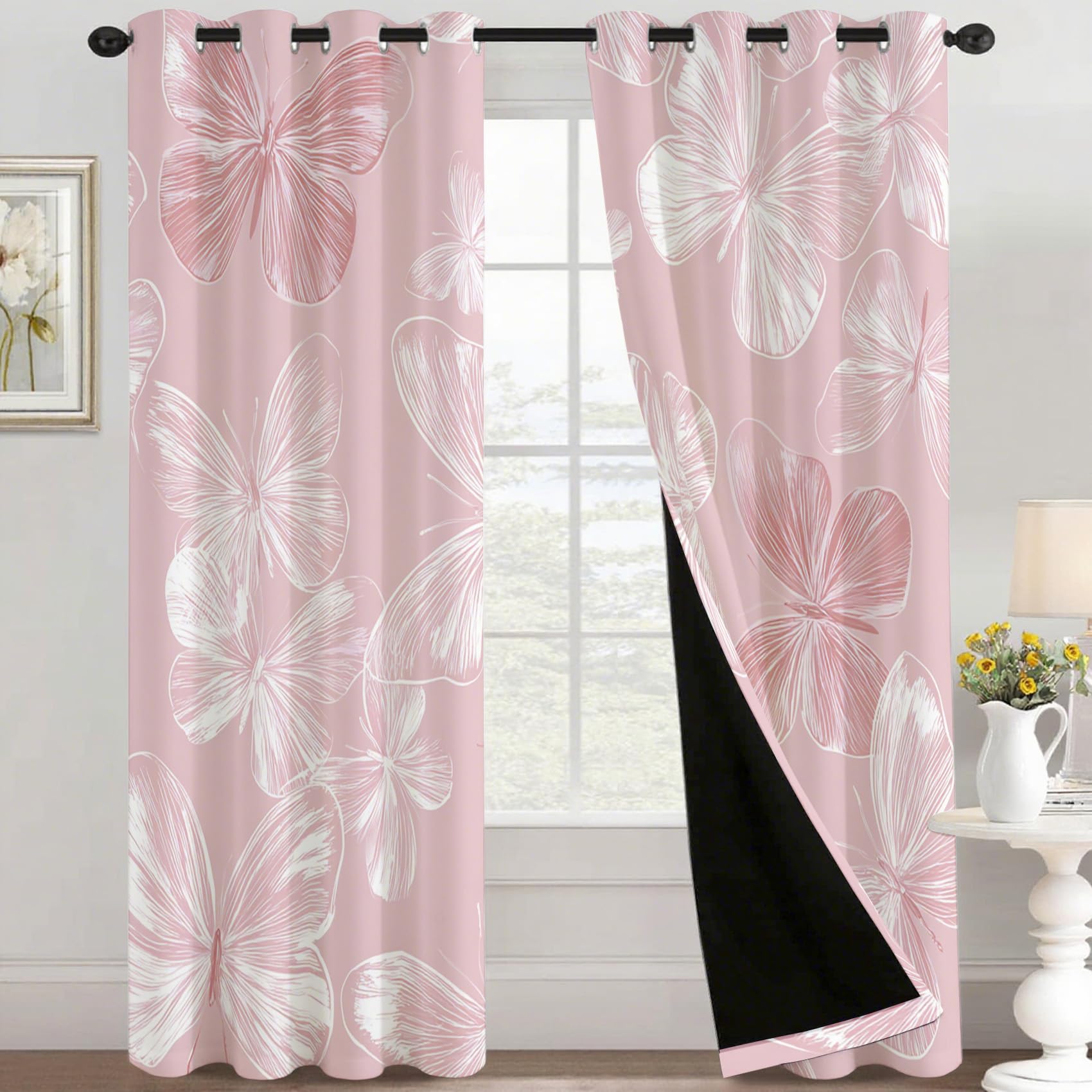Rideau Occultant Papillon Rose, Féminine Et Féminine Motif Rideaux Thermiques à Oeillets, Rideaux Imprimé pour Salon Chambre Fenetre Moderne Décoration, 140x160 cm (L x H), Lot de 2, D#640